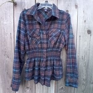 Wet Seal Long Sleeve Women Shirt XL Plaid Button Peplum Smocked Waist Collared